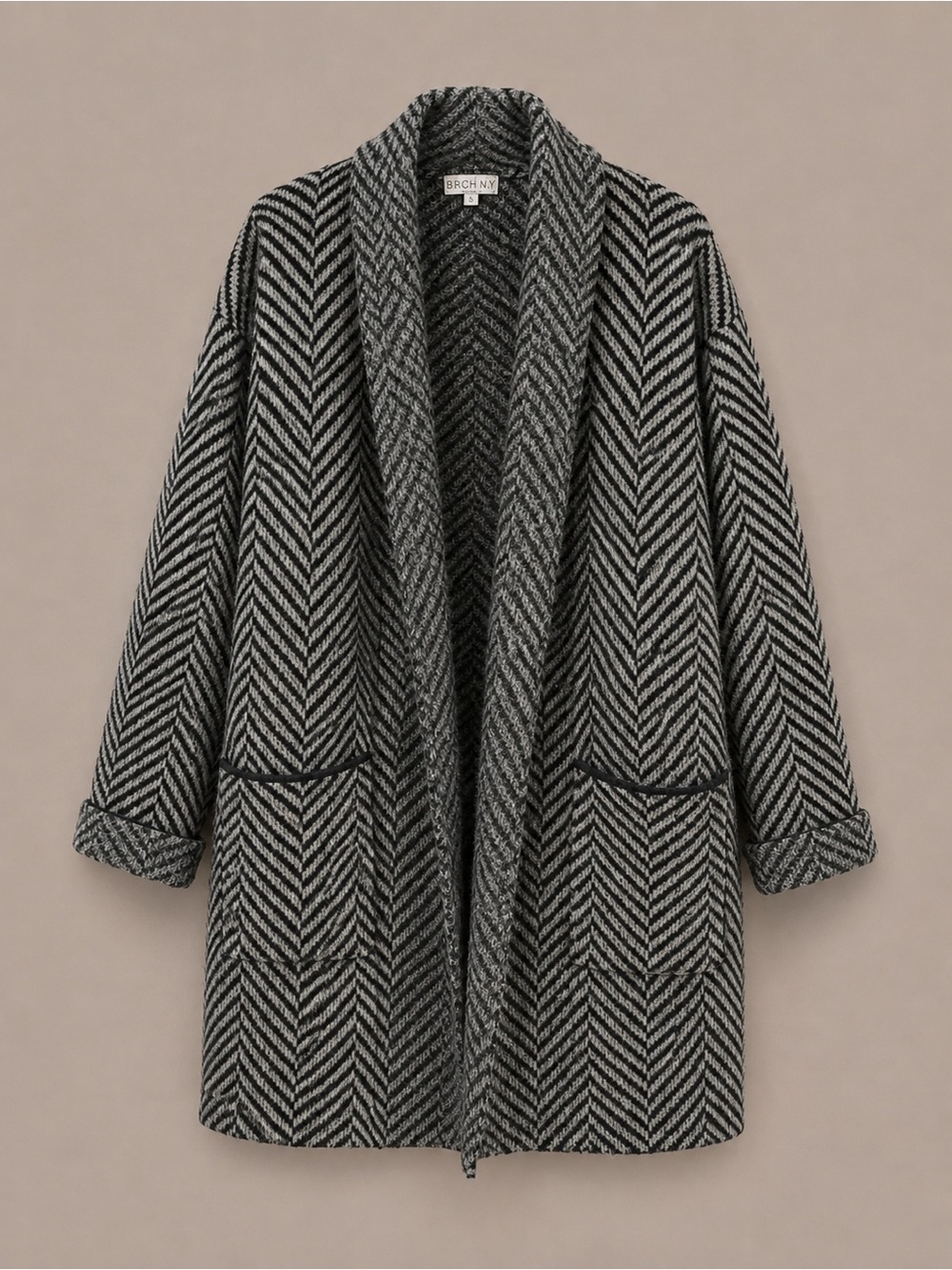 Black & Taupe Chevron Shawl-Collar Sweater Coat